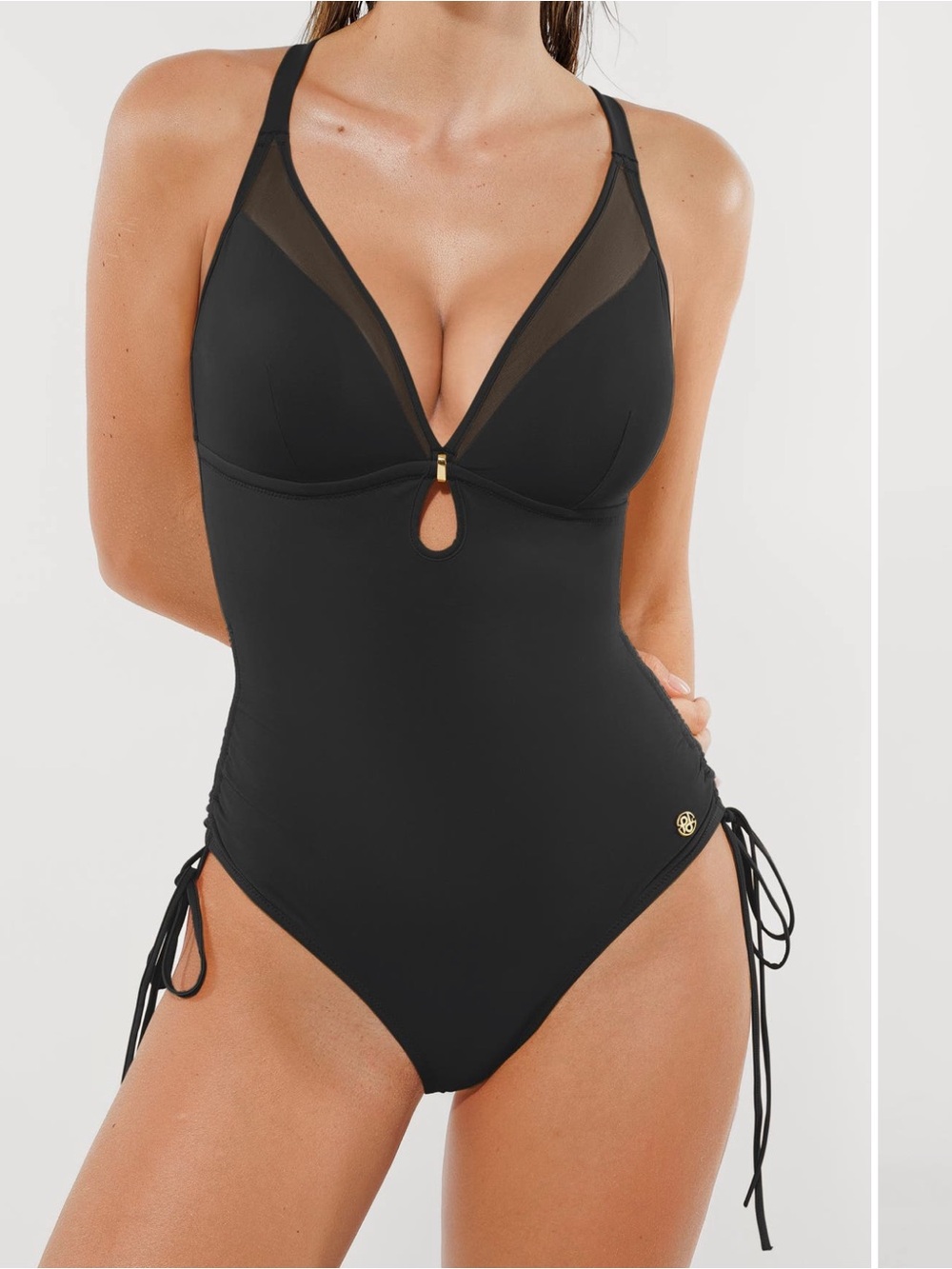Popilush Black Mesh-Accent One-Piece Swimsuit with Side Ties